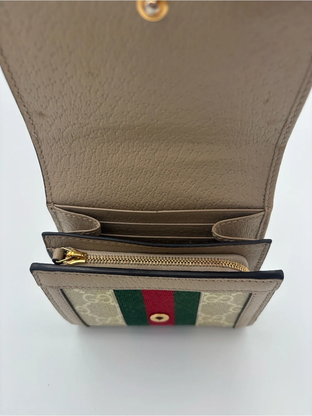 Gucci Ophidia GG Supreme Bifold Wallet- Beige/White with Green-Red Web Stripe